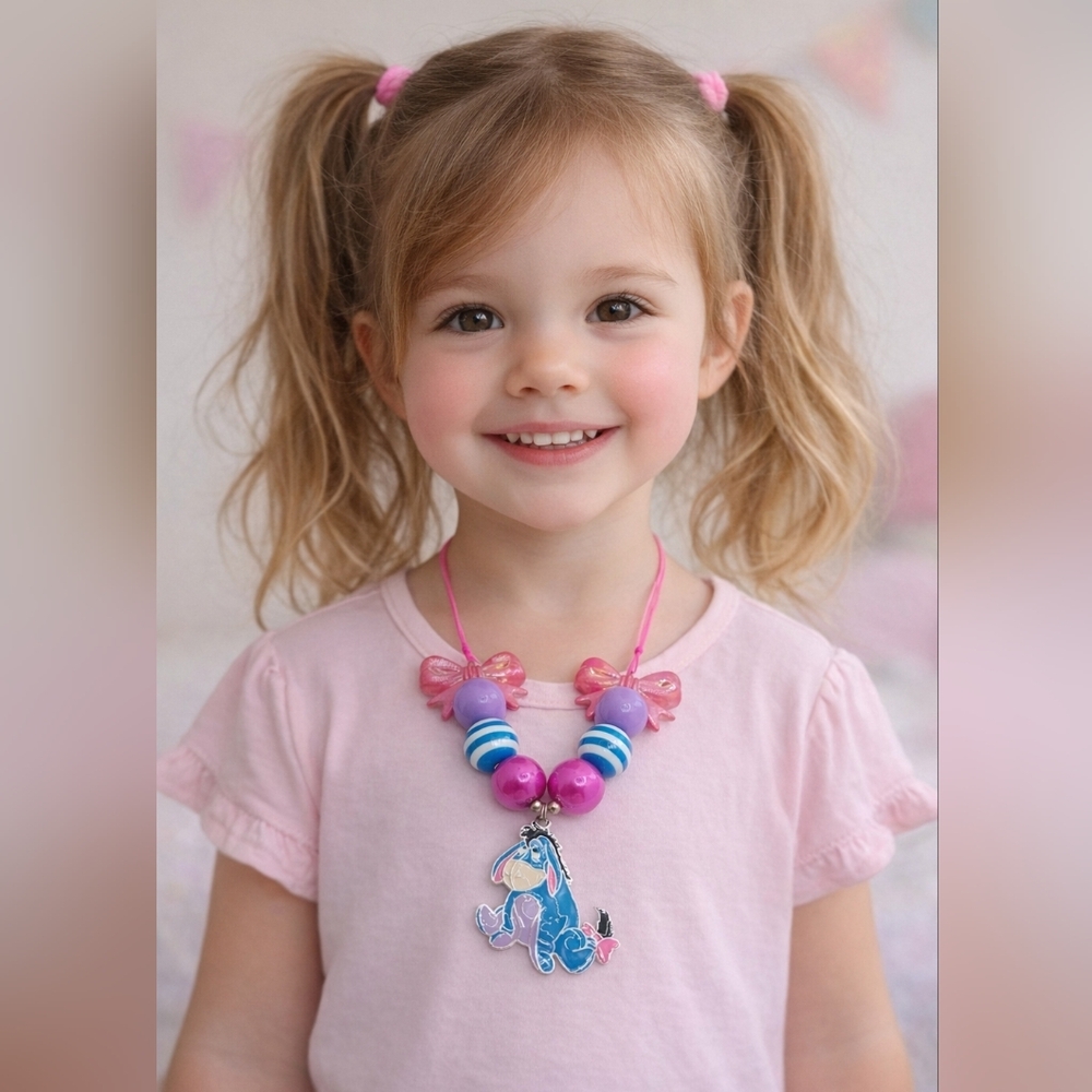 Handmade Eeyore Chunky Beaded Necklace Girls Adjustable Pink Blue Disney Inspire